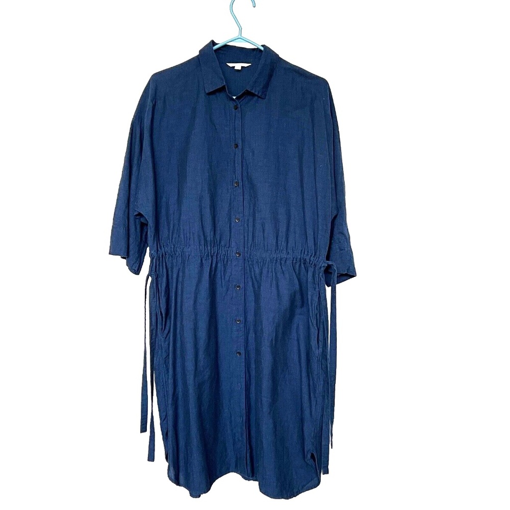 Uniqlo Dress Chambray Cotton Linen Button Down Shirt Blue Sz L Drawstirng Waist